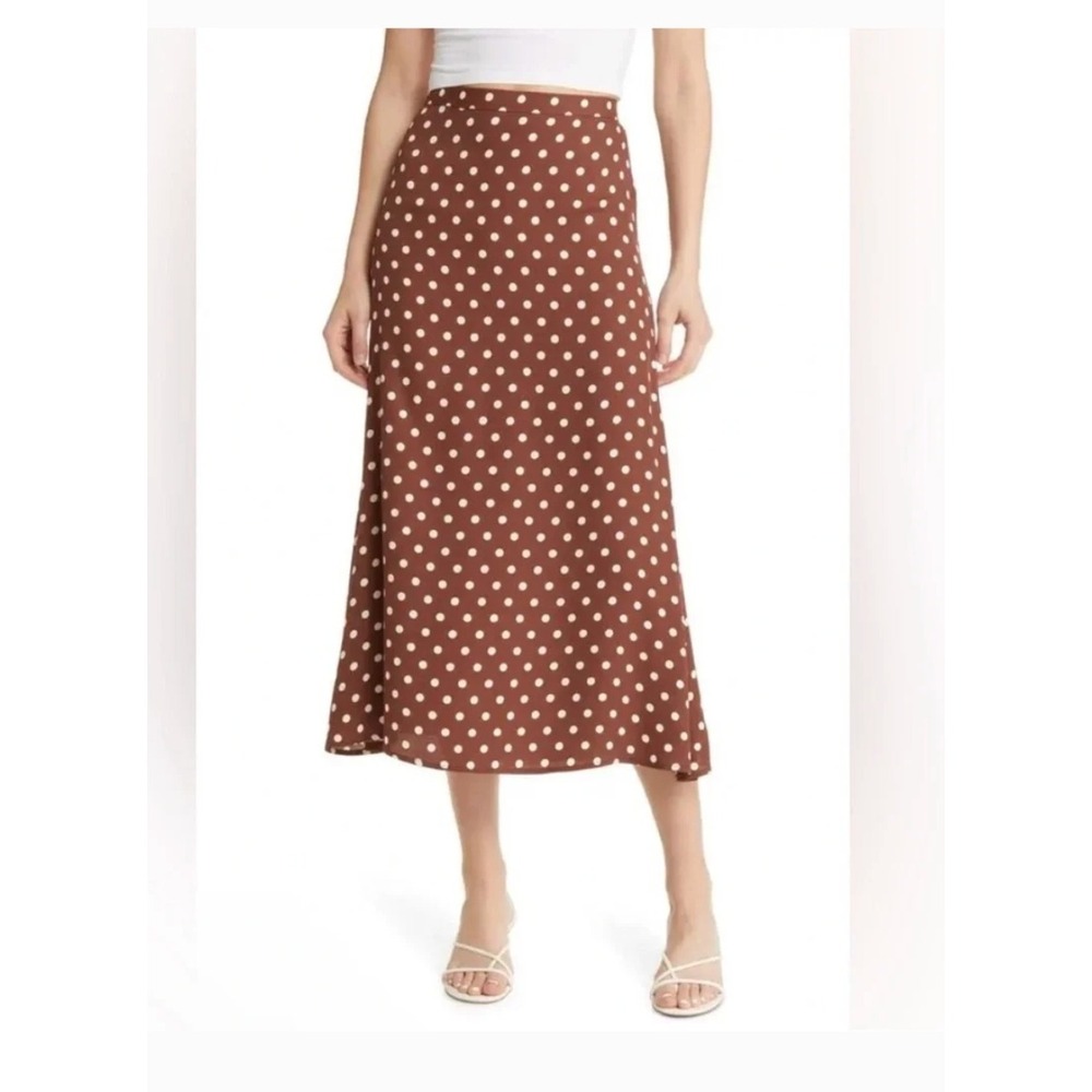 Reformation Bea Midi Skirt Size 8 Brown Polka Dot High Waisted Casual Party
